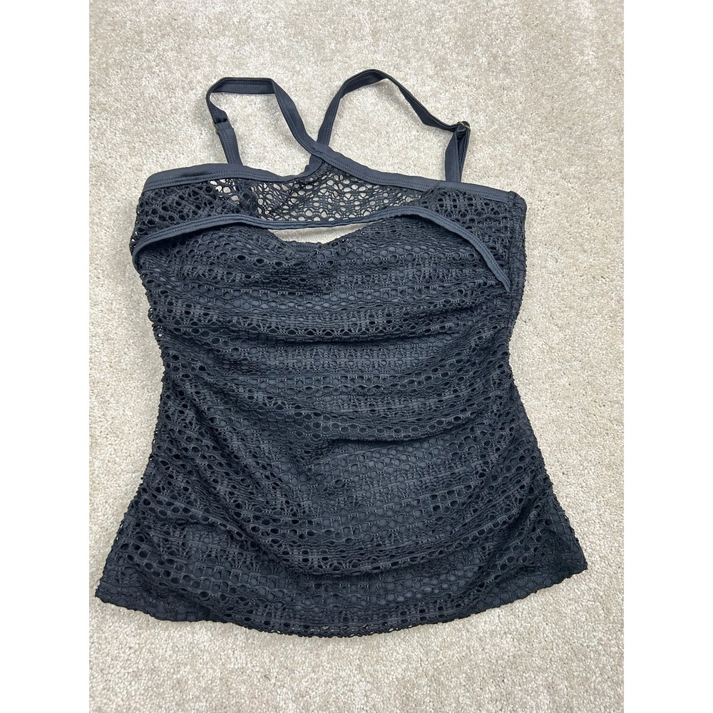 Island Escape Swimwear Women's Black Size 8 Crochet Tankini Top‎ Ruched Padded